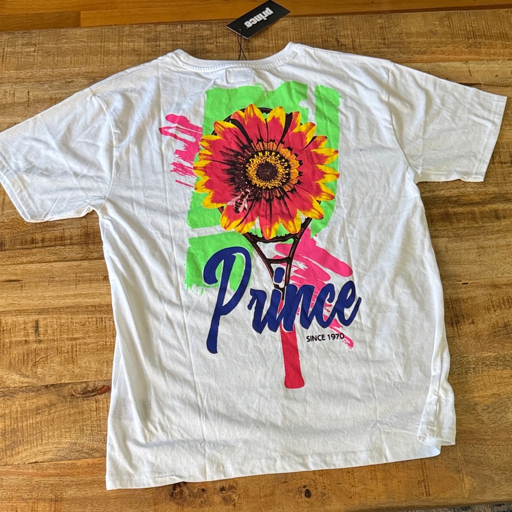 Prince White Tee shirt with Neon Sunflower tennis racket Graphic men’s large NWT